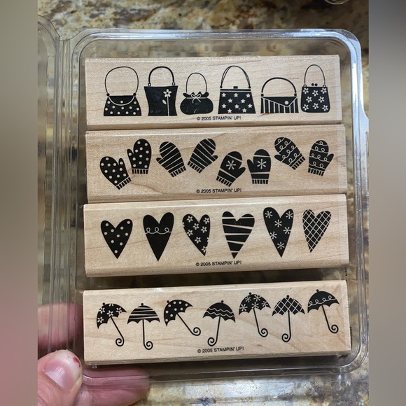 Stampin' Up! Other - Stampin' Up! NWOT Wooden Stamp Set - bags, Mittens, Hearts, Umbrellas
